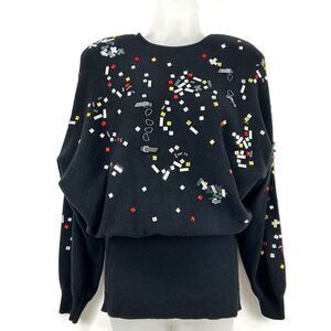 The Prism Collection Sweater Women M Black VTG 80s Lambswool Embellished Holiday